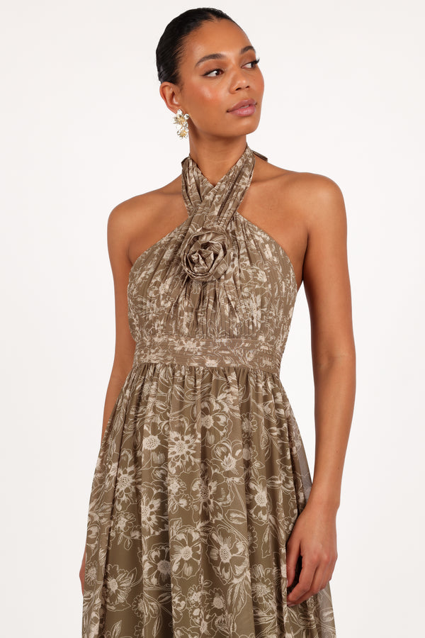 Lennon Halterneck Maxi Dress - Olive Floral