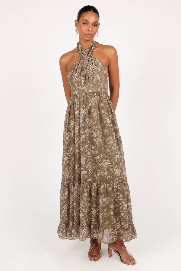 Lennon Halterneck Maxi Dress - Olive Floral