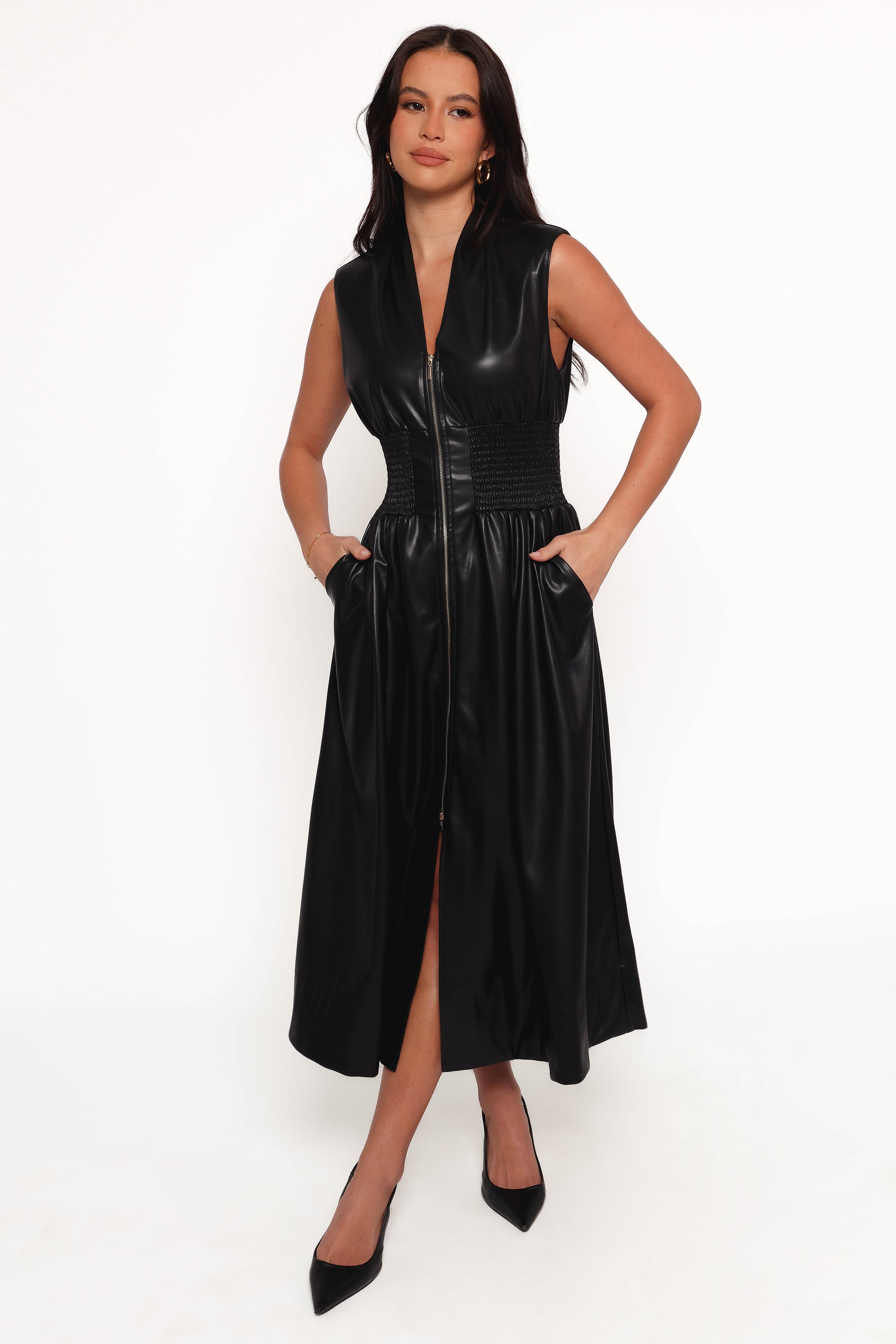 Lizzi Faux Leather Midi Dress - Black