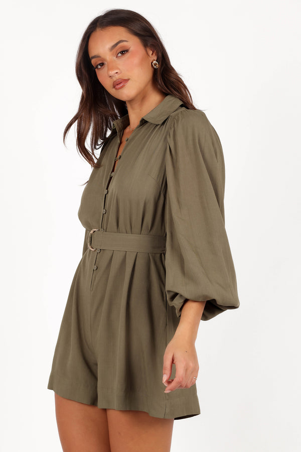 Louise Belted Romper - Khaki