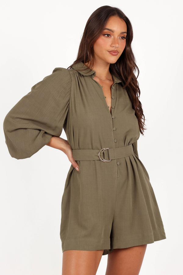 Louise Belted Romper - Khaki