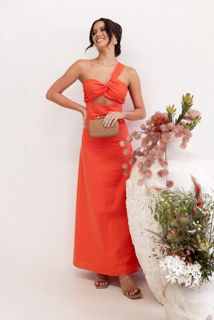 Luna One Shoulder Maxi Dress Tangerine Petal Pup