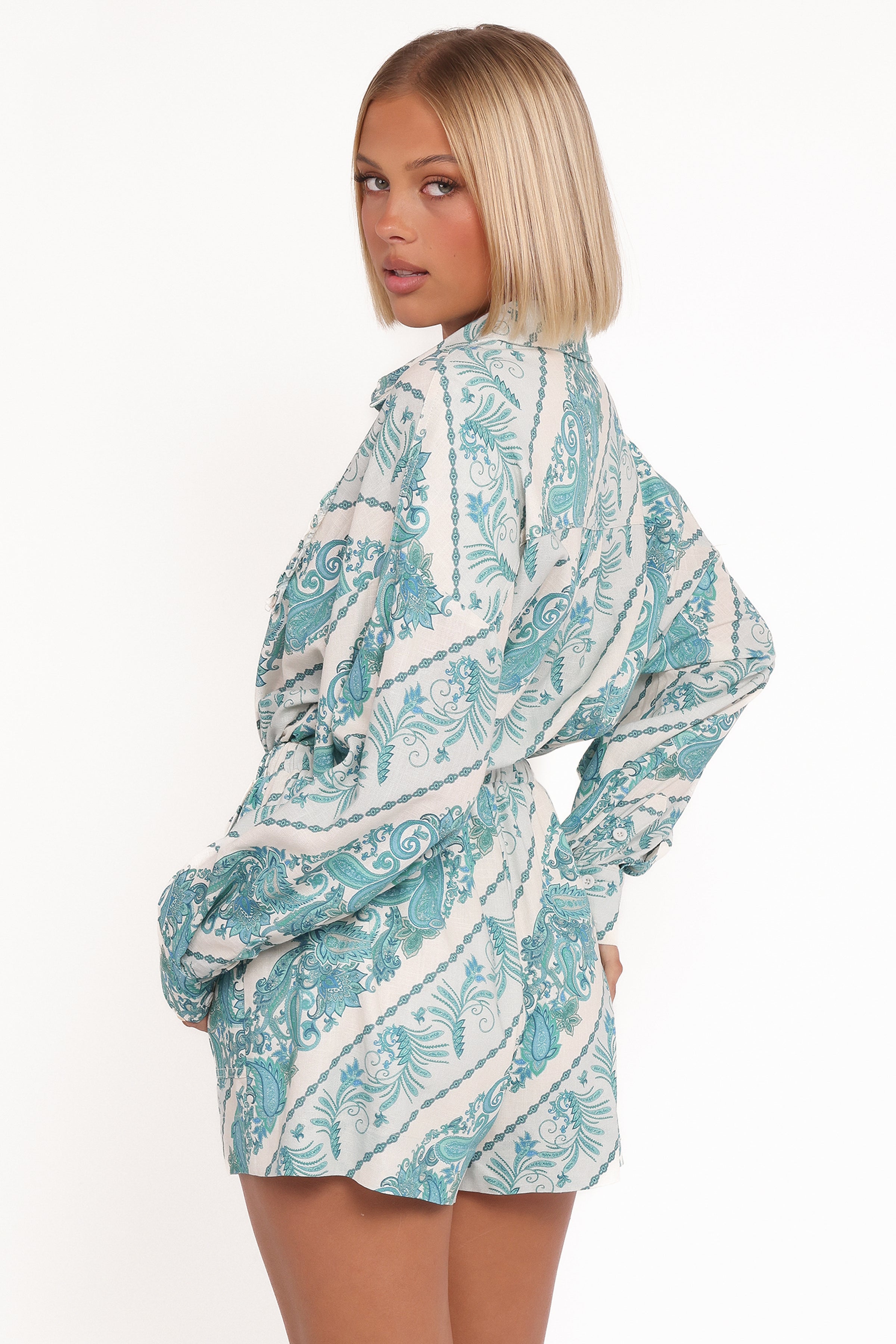 Macy Long Sleeve Playsuit - Aqua Paisley