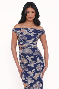Maisy Off Shoulder Maxi Dress - Blue Floral