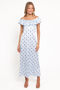 Manaris Off Shoulder Maxi Dress - Blue Polka Dot