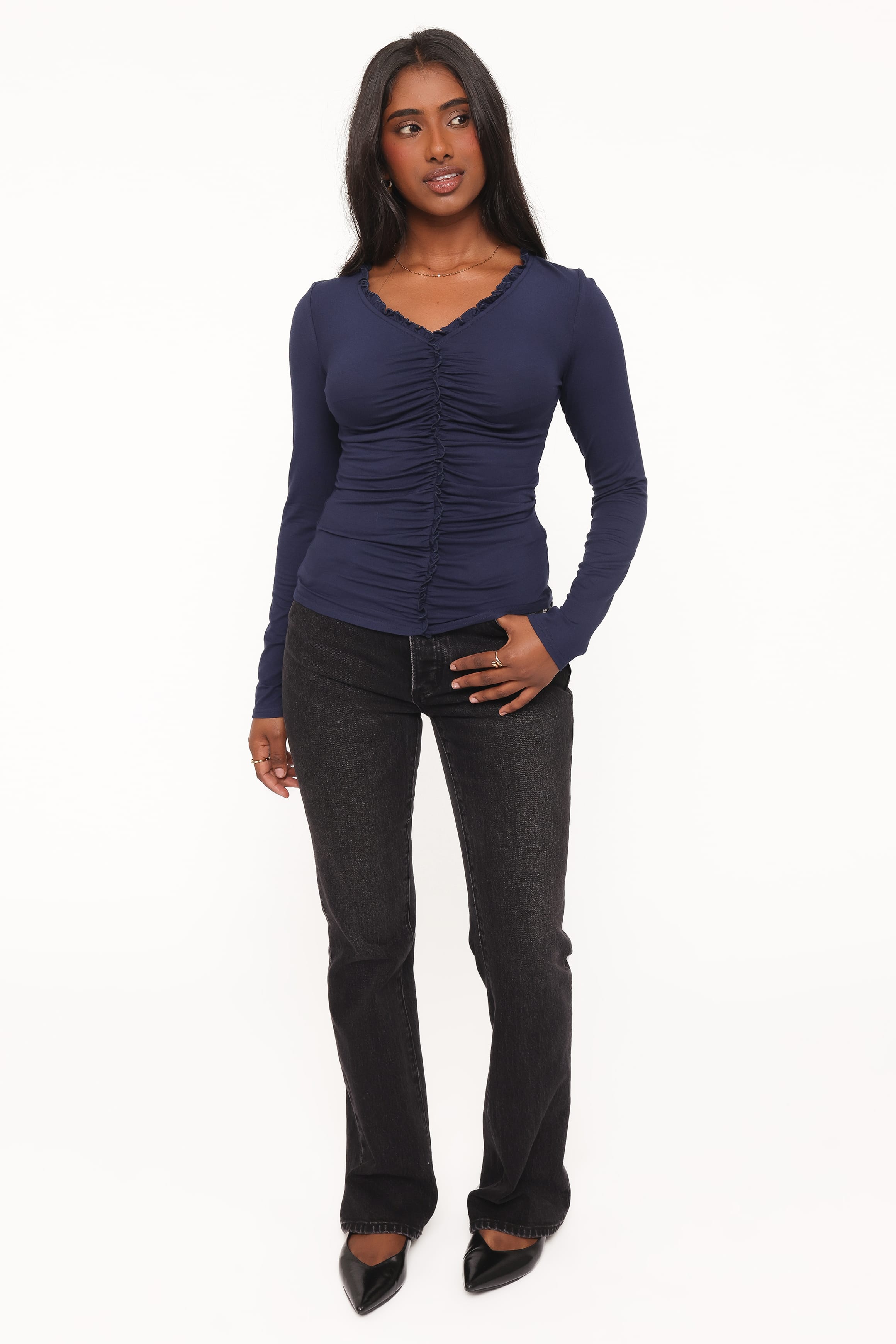 Marta Gathered Knit Top - Navy