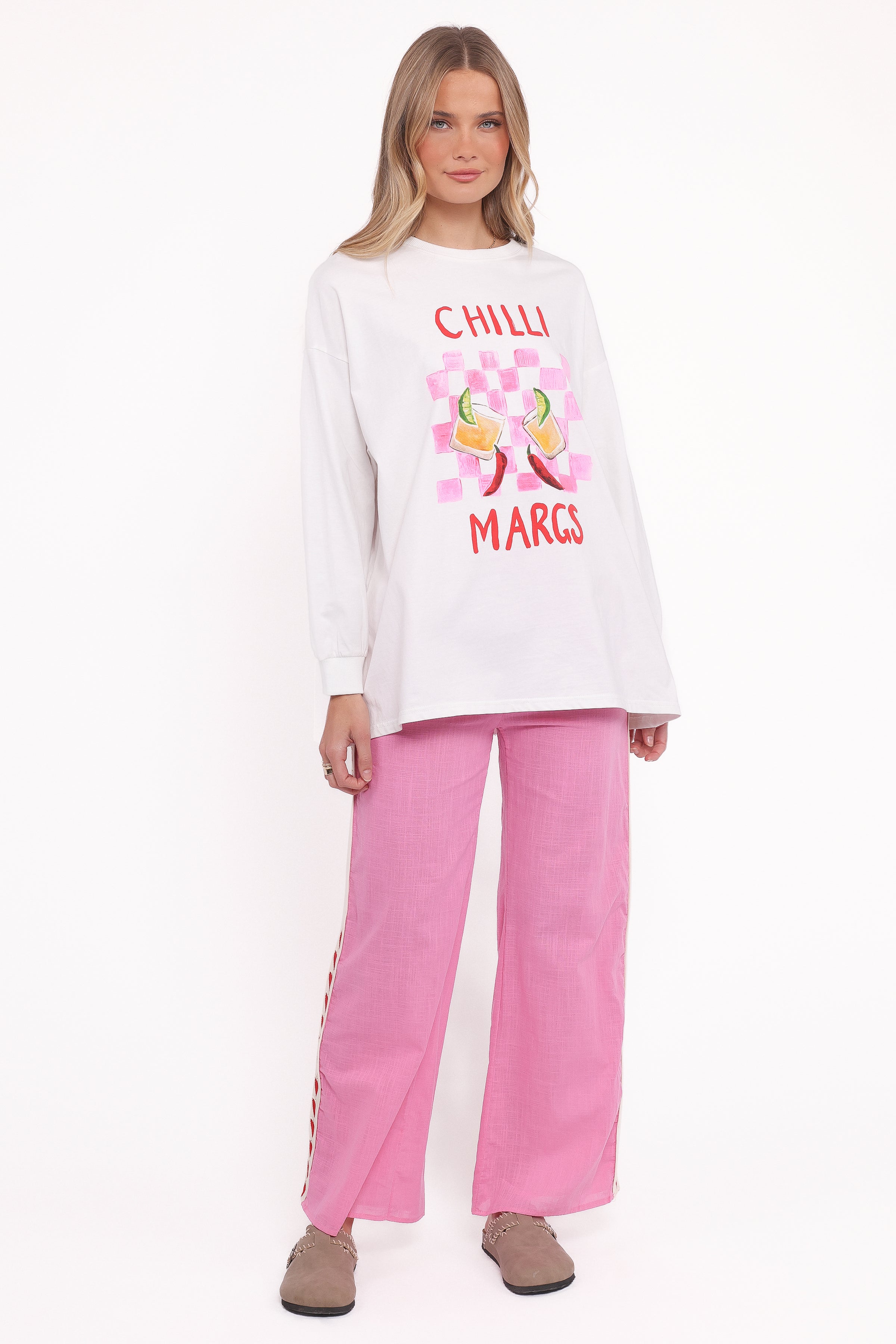 Meredith Graphic Tee Pant Set - White Pink