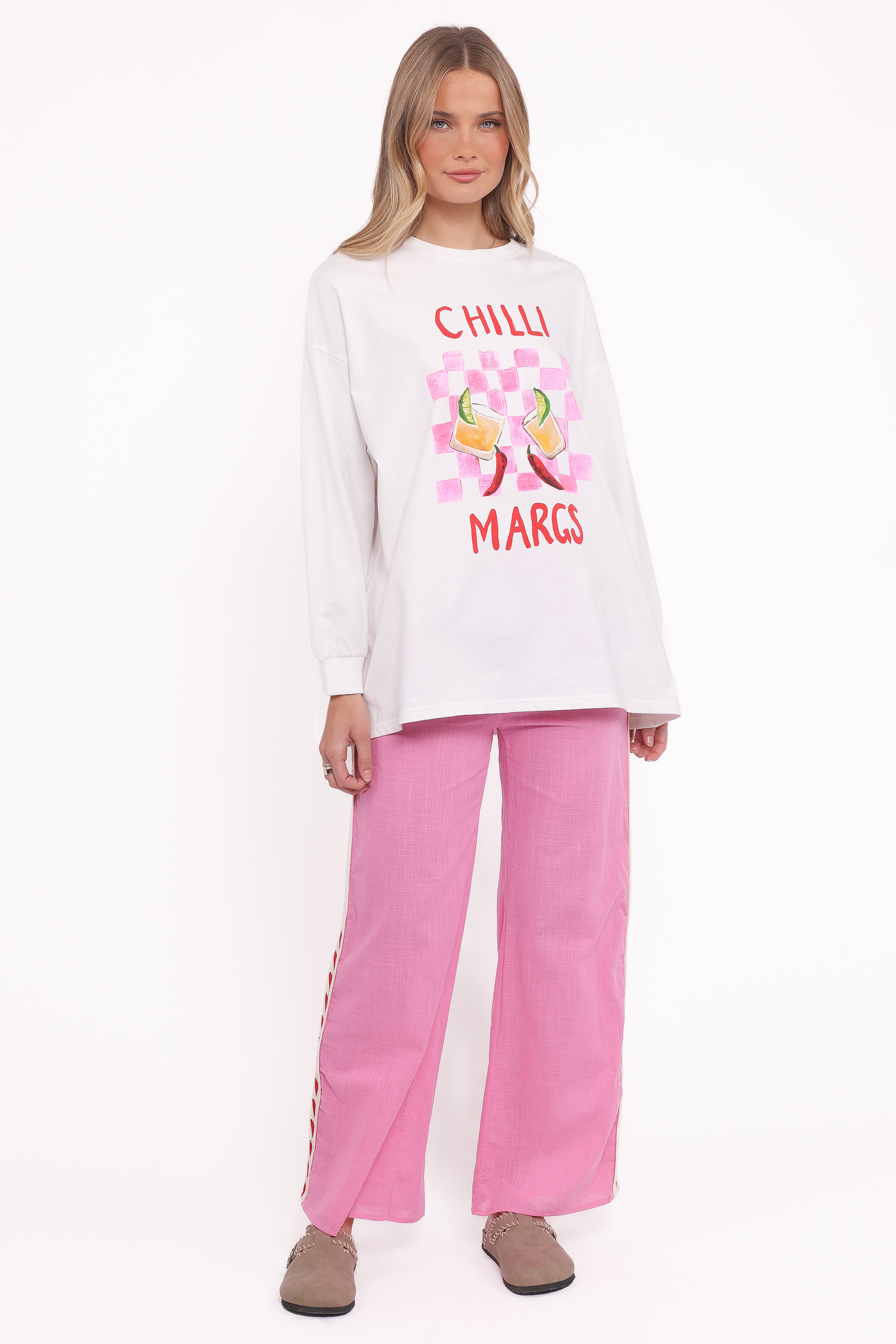 Meredith Graphic Tee Pant Set - White Pink