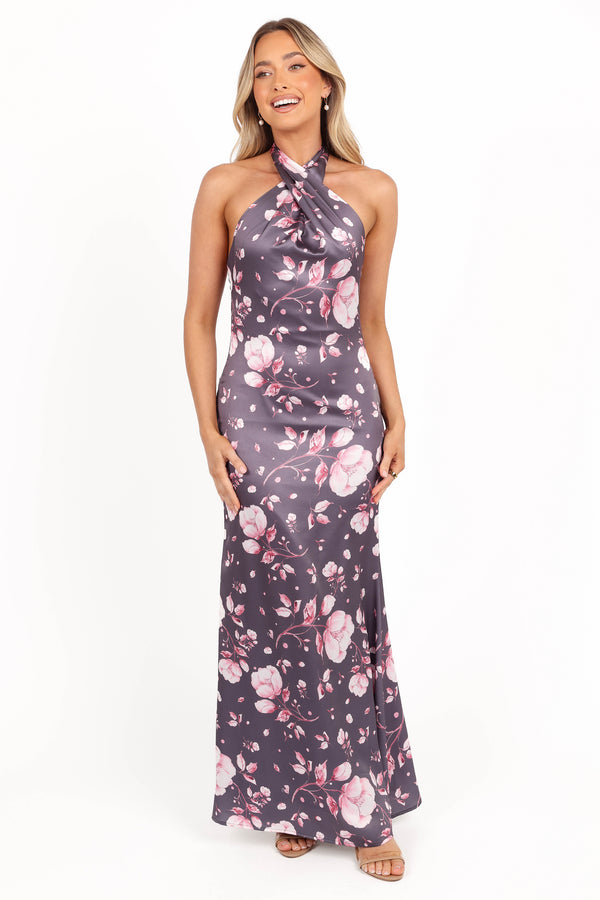 Mila Halterneck Maxi Dress - Steel Gray Floral