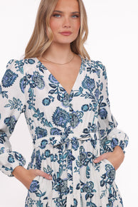 Monica Long Sleeve Midi Dress - Blue Floral