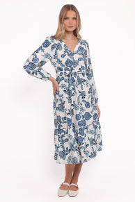 Monica Long Sleeve Midi Dress - Blue Floral