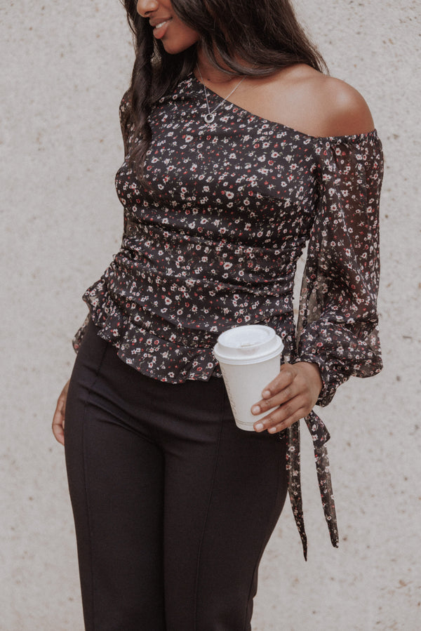 Naima Off Shoulder Top - Black Floral