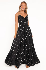 Naira Pleated Maxi Dress - Black Polka Dot