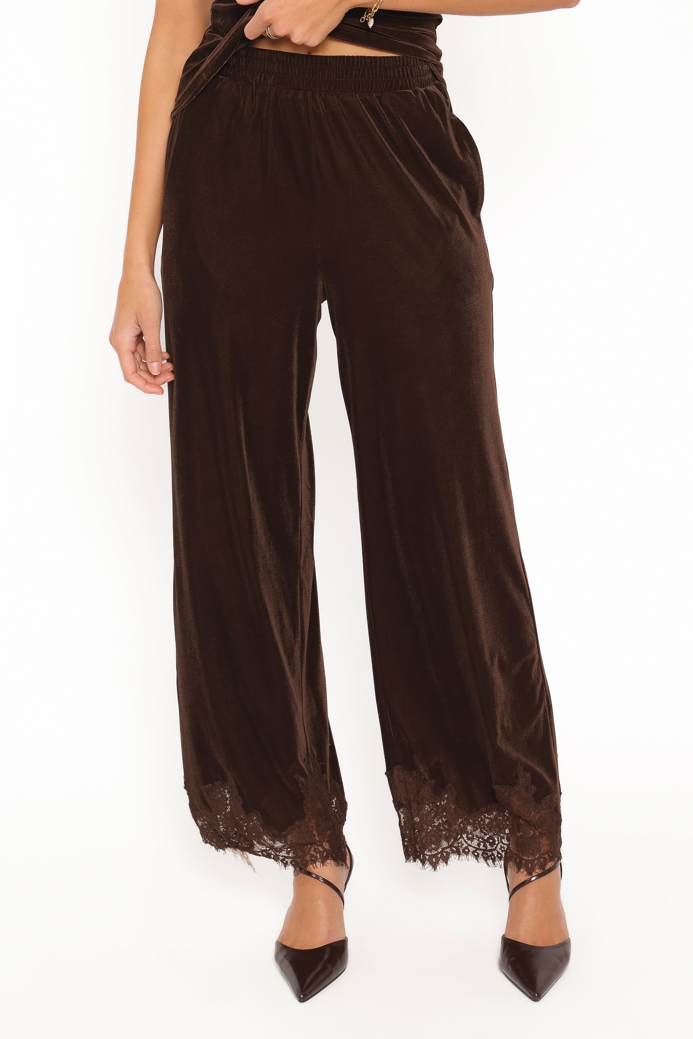 Layton Wide Leg Lace Trim Pants - Chocolate Velvet