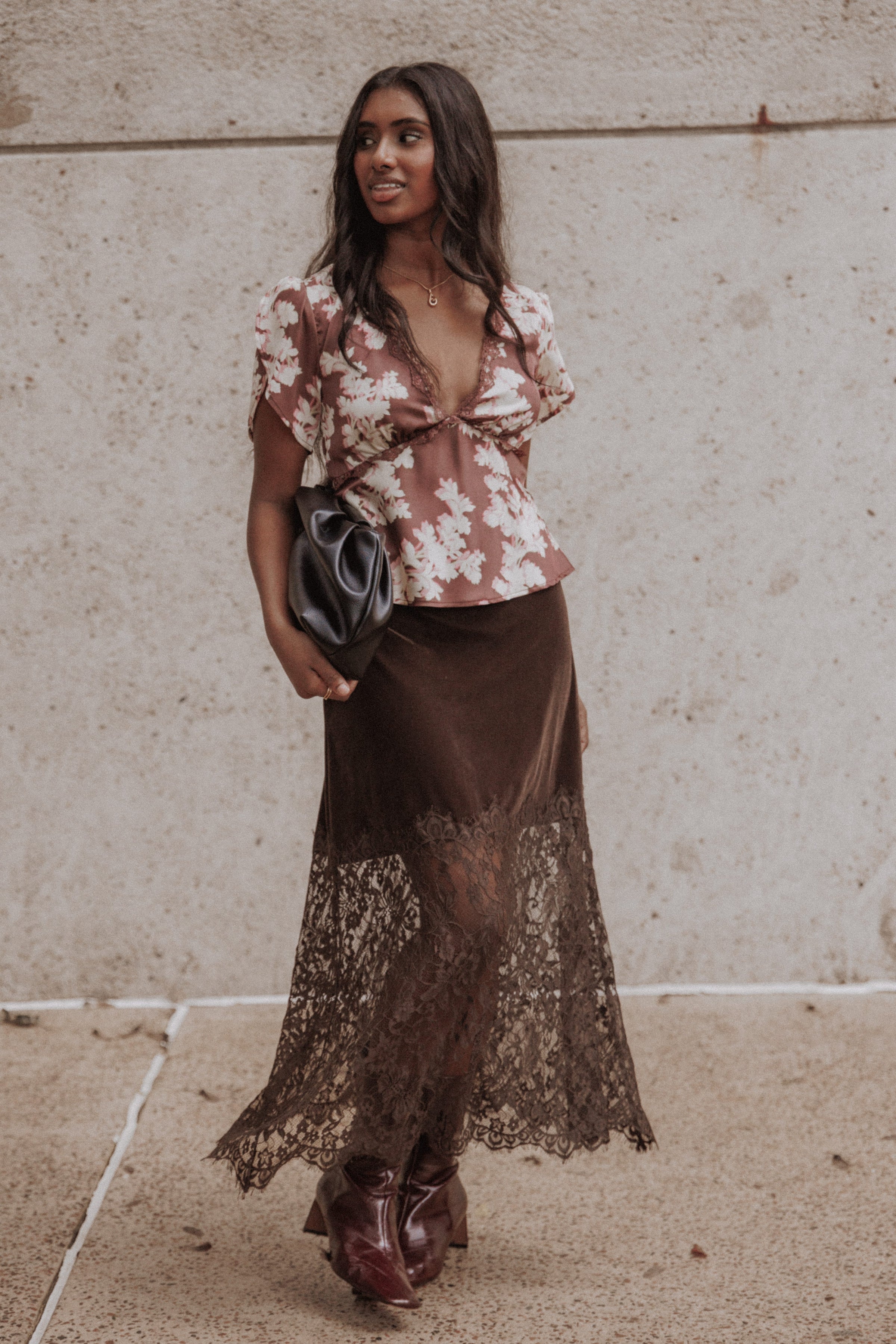 Bridie Lace Trim Midi Skirt - Chocolate Velvet