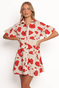 Peachy Mini Linen Dress - Red Poppy Print