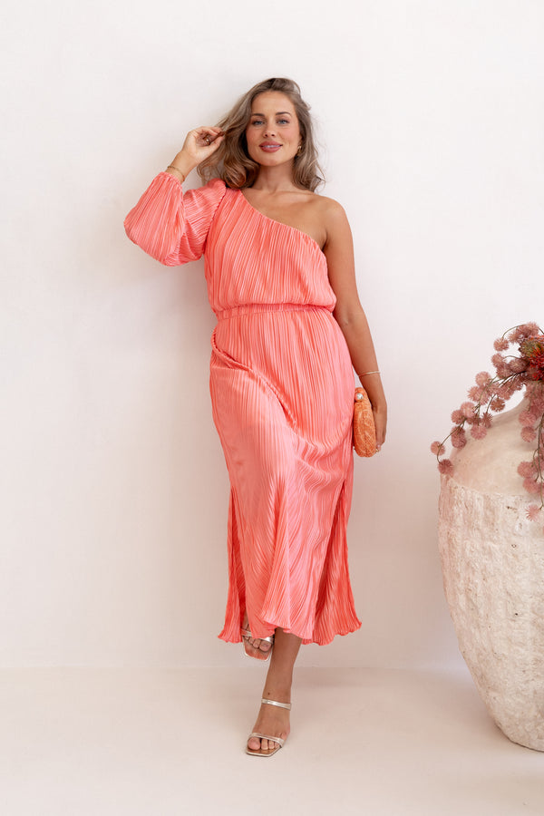 Pontee One Shoulder Pleated Midi Dress - Coral