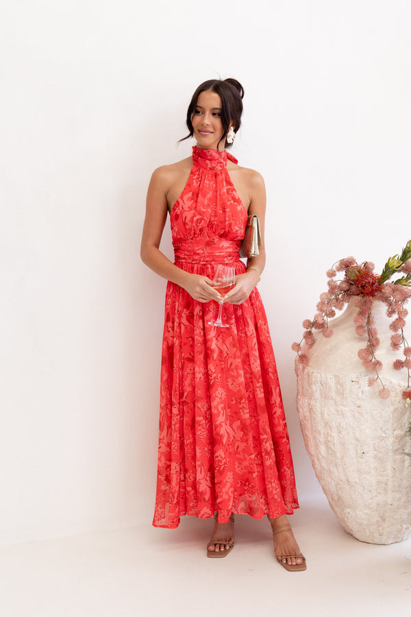 Primrose Halterneck Maxi Dress - Red Floral