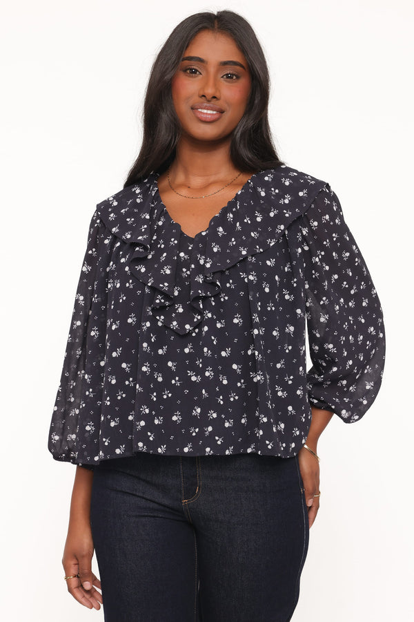 Reina Ruffle Top - Black Floral