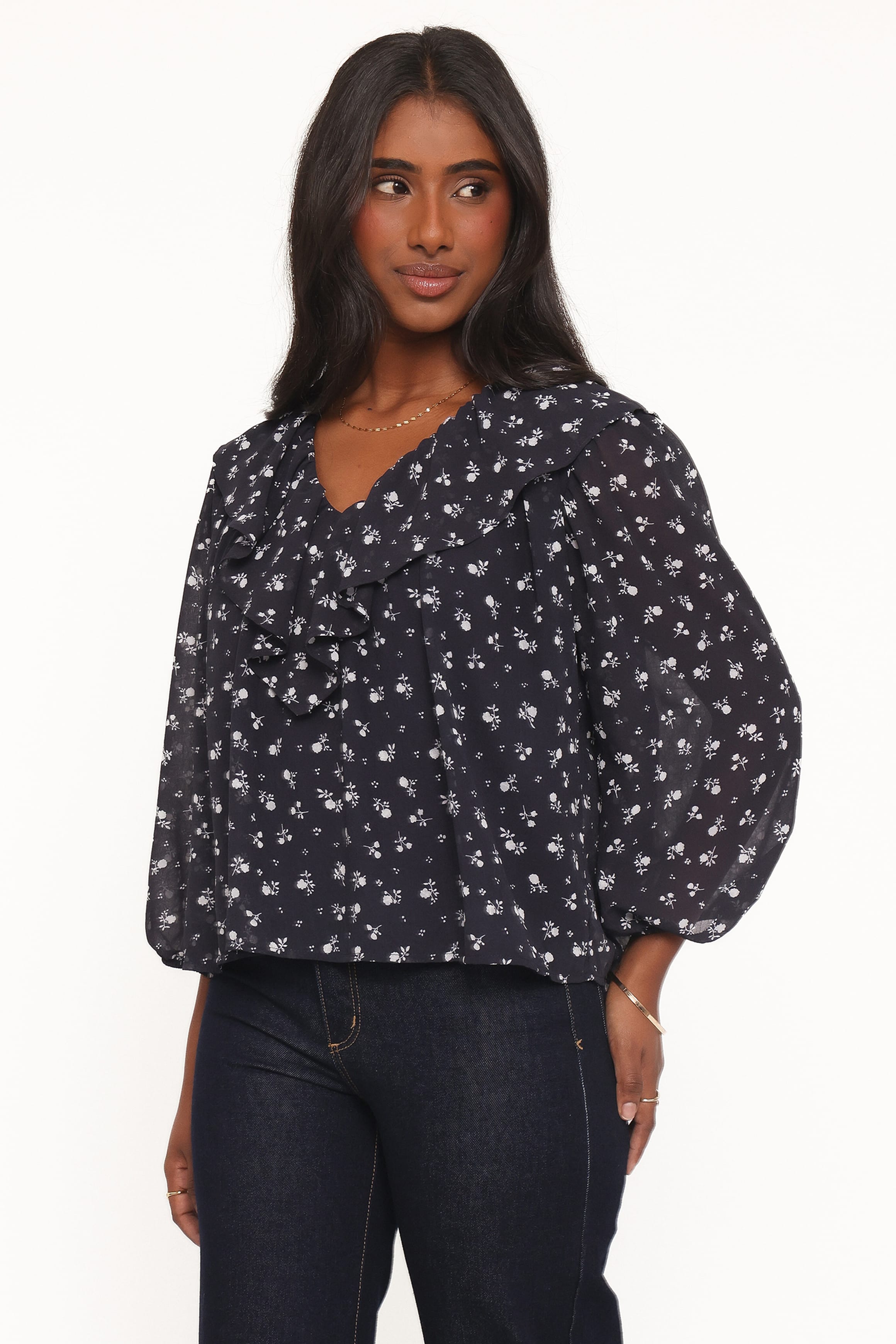 Reina Ruffle Top - Black Floral