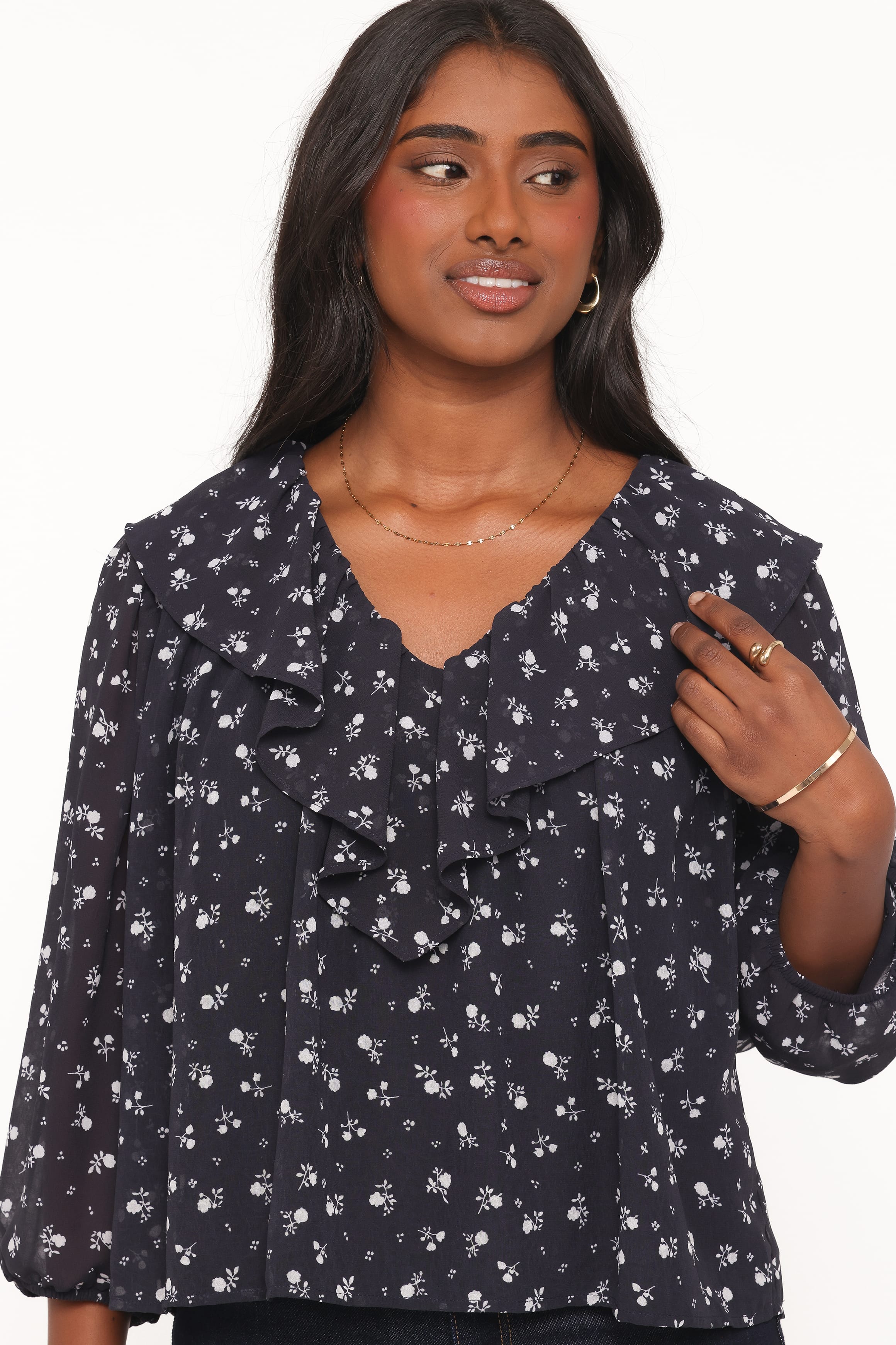 Reina Ruffle Top - Black Floral
