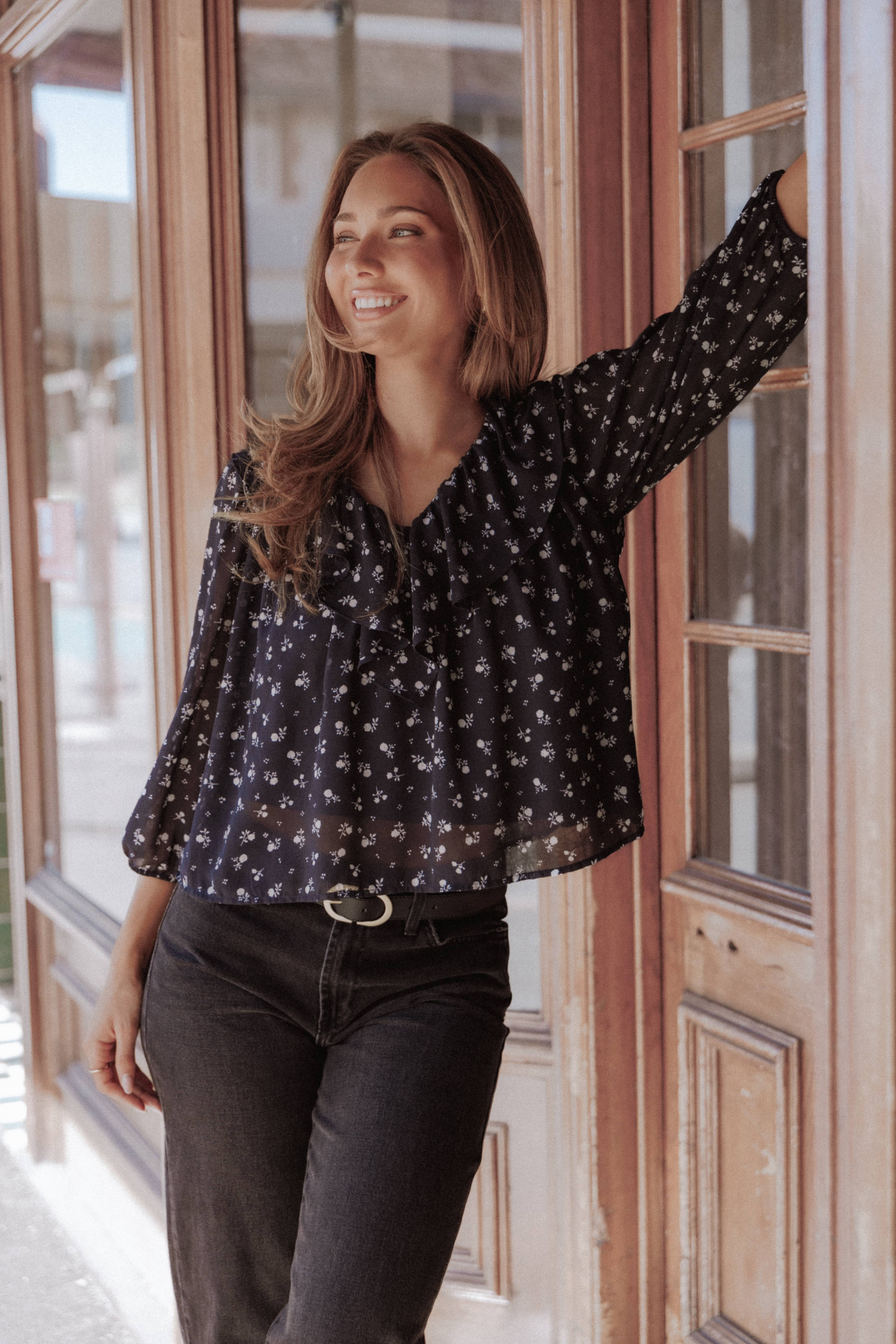 Reina Ruffle Top - Black Floral