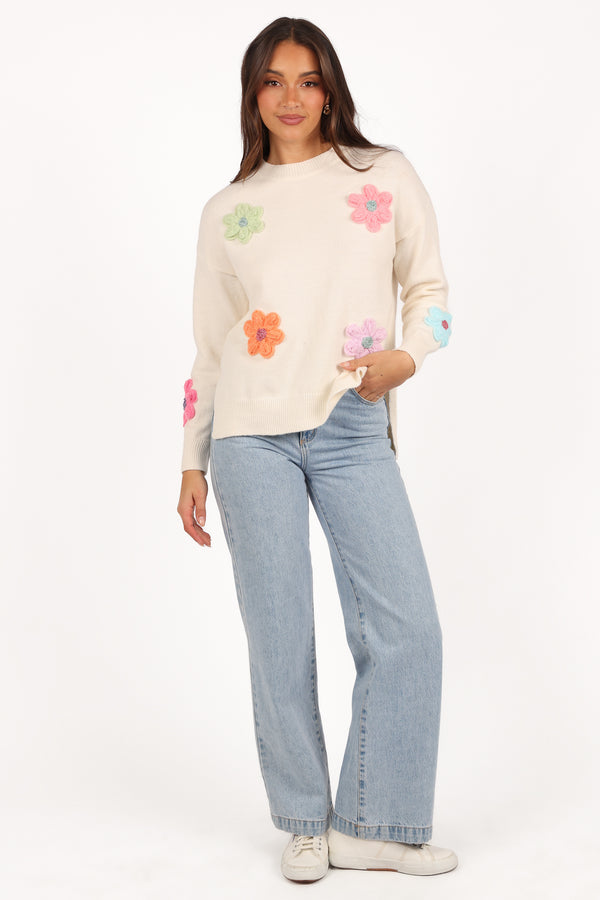 Ronnie Embroidered Flower Sweater - Cream