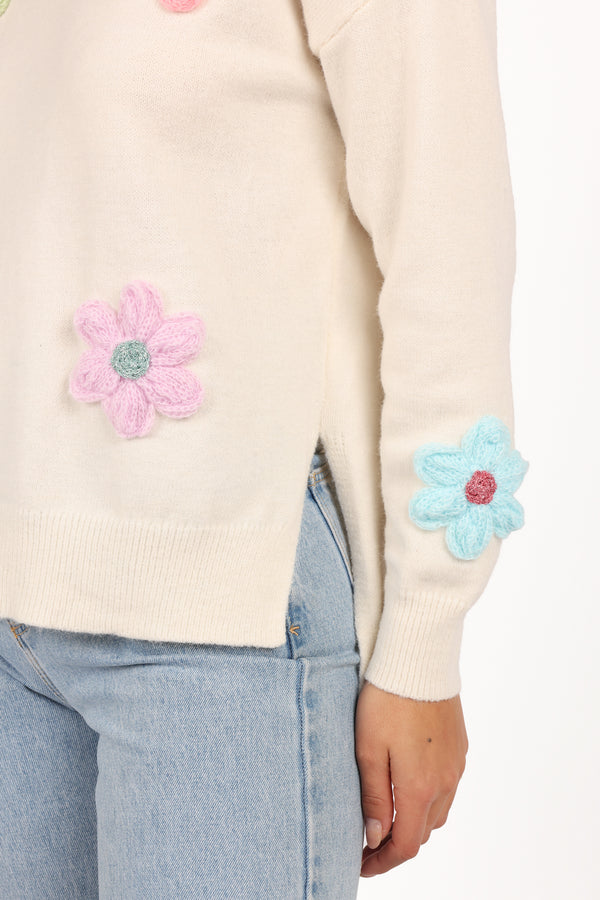 Ronnie Embroidered Flower Sweater - Cream