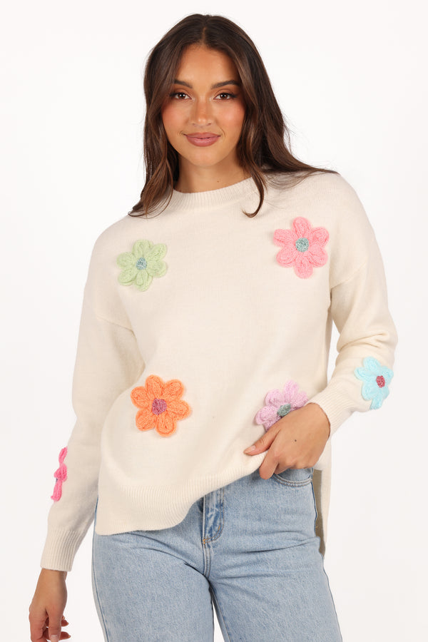 Ronnie Embroidered Flower Sweater - Cream