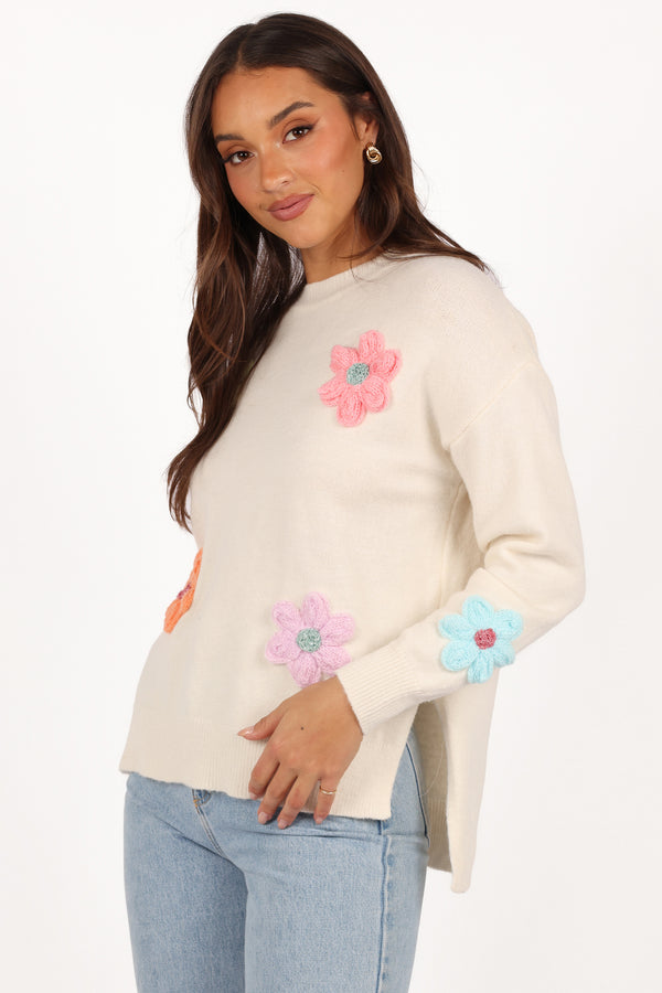 Ronnie Embroidered Flower Sweater - Cream