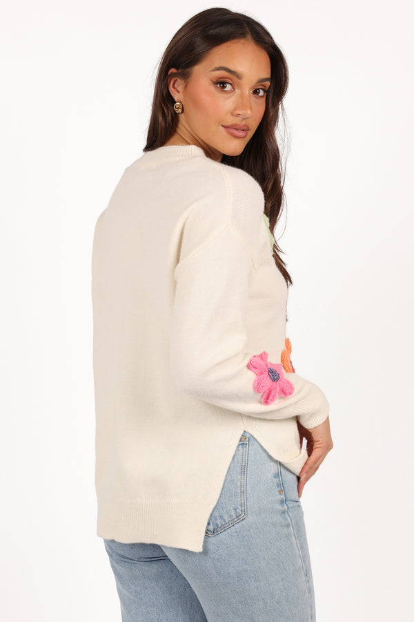 Ronnie Embroidered Flower Sweater - Cream