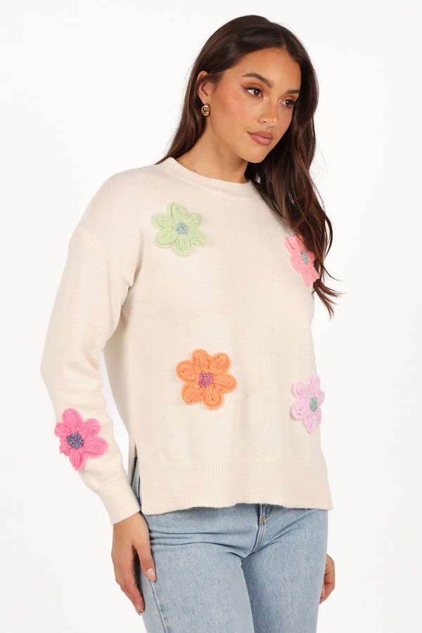 Ronnie Embroidered Flower Sweater - Cream