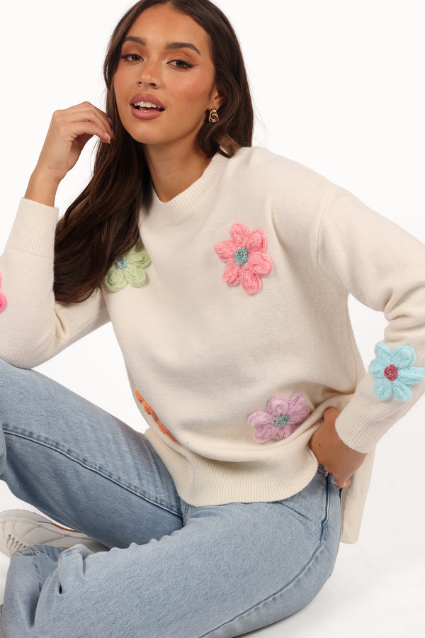 Ronnie Embroidered Flower Sweater - Cream