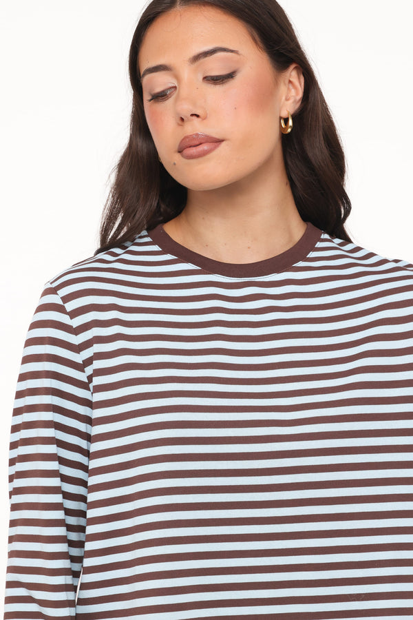 Ruva Long Sleeve Tee - Brown Blue Stripe