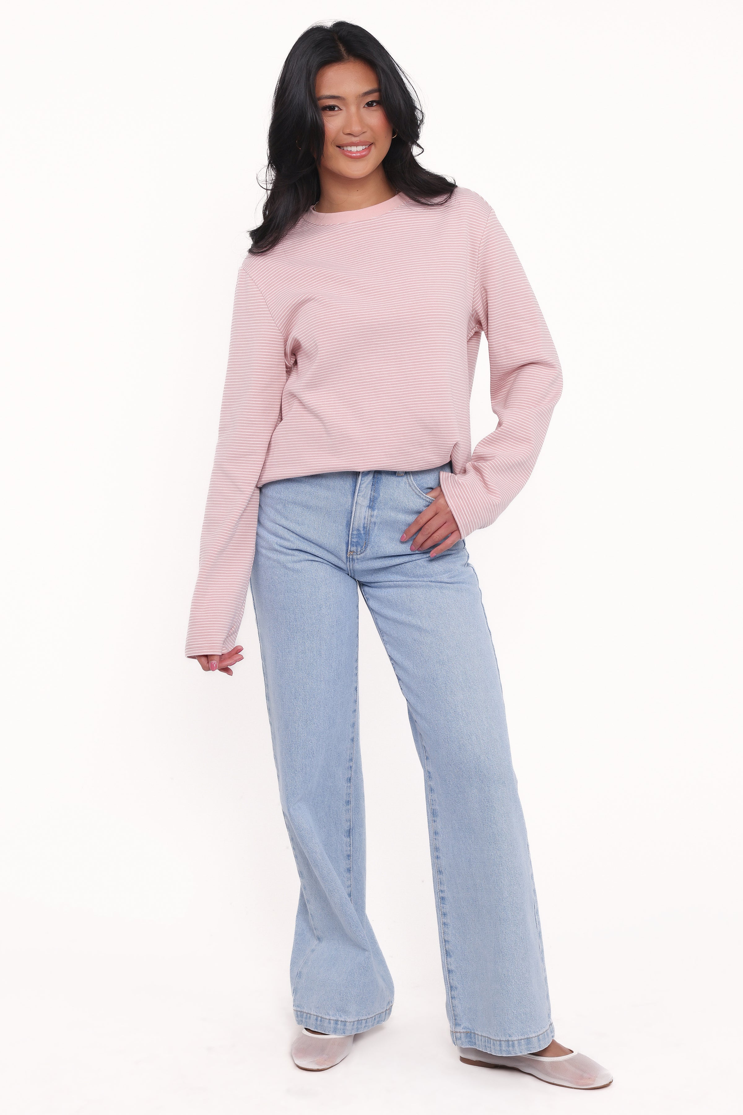 Ruva Long Sleeve Tee - White Pink Stripe