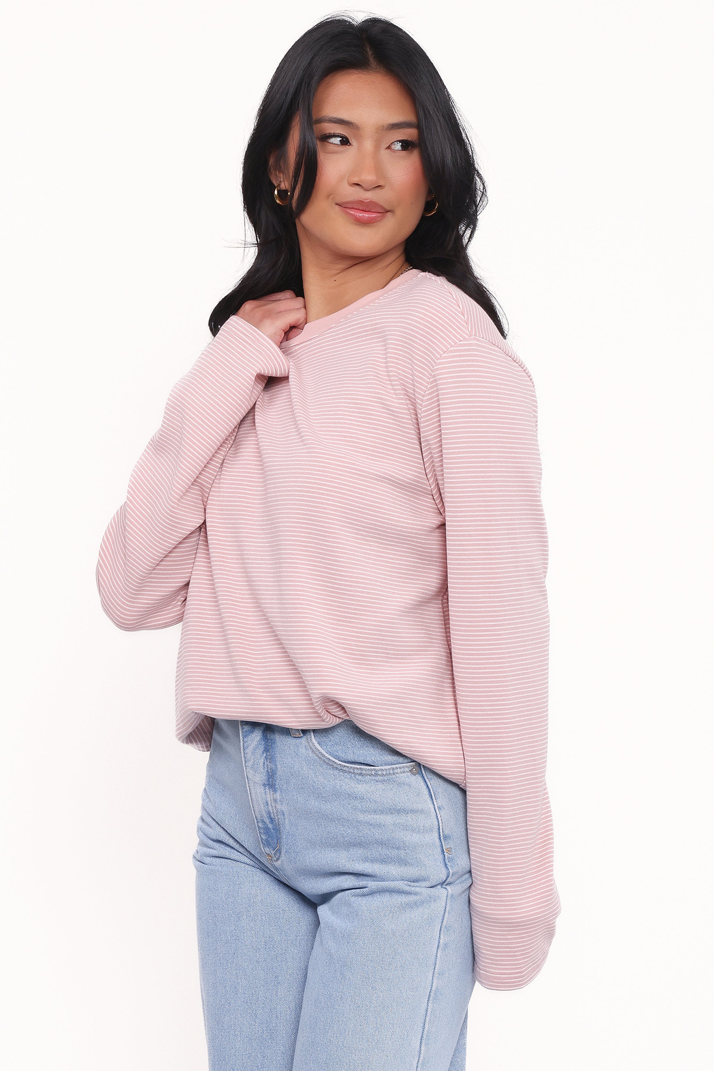 Ruva Long Sleeve Tee - White Pink Stripe
