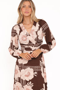 Safia Midi Dress - Brown Floral
