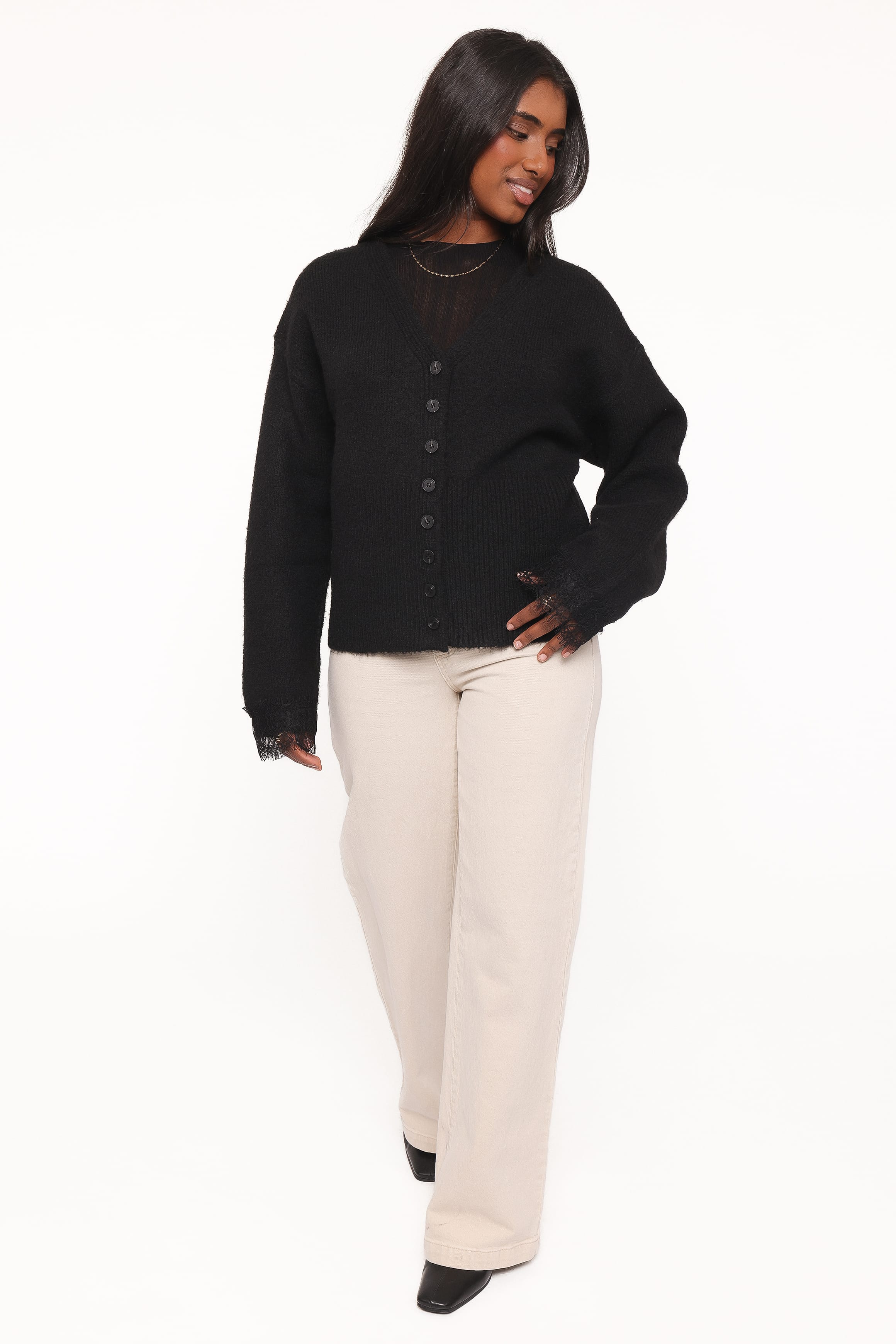 Salome Lace Trimmed Cardigan - Black