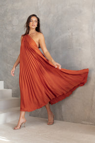 Selena One Shoulder Midi Dress - Russet Bronze