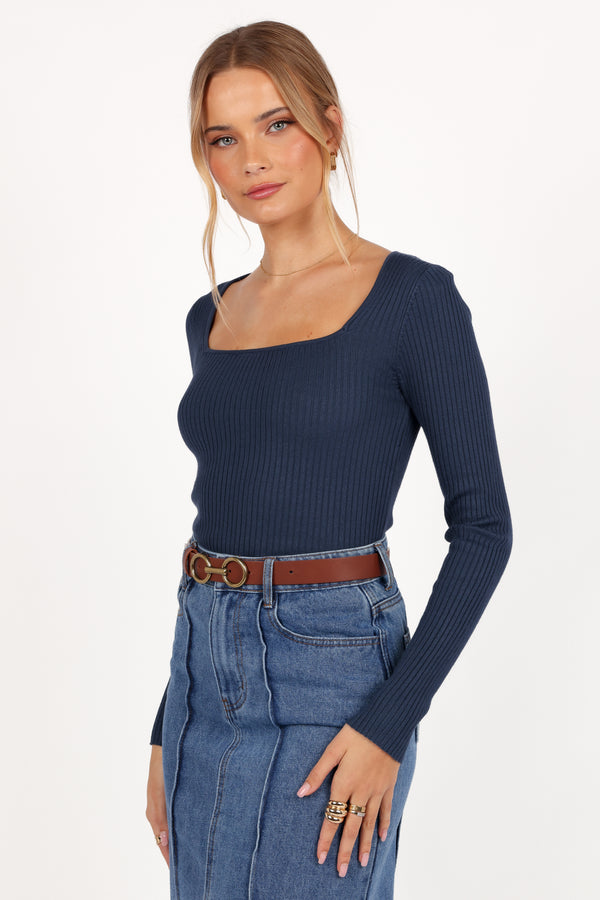 Shani Ribbed Knit Top - Dusty Blue