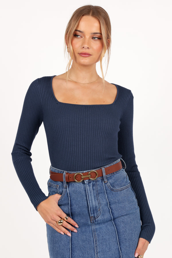 Shani Ribbed Knit Top - Dusty Blue