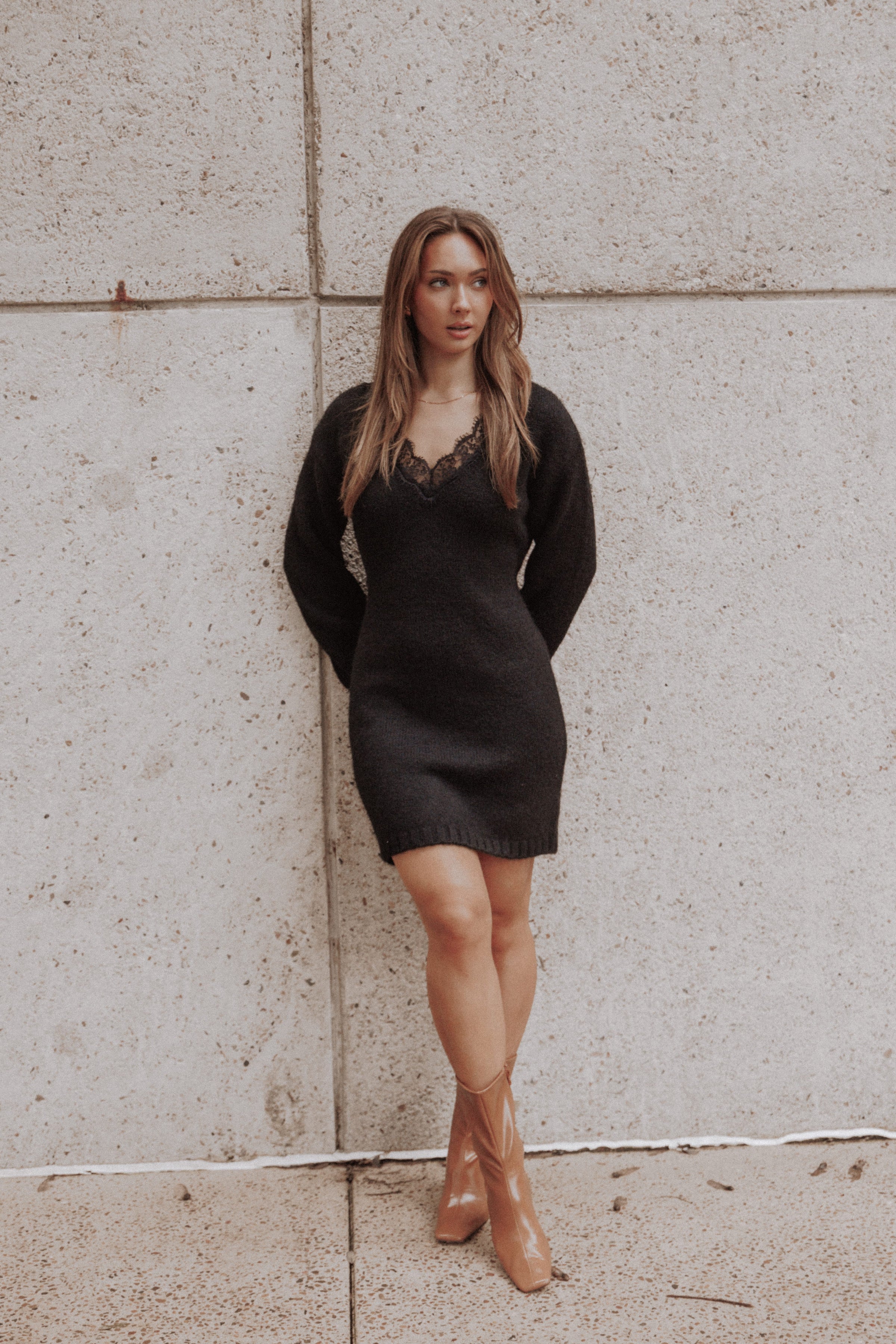Sharona Lace Trim Knit Mini Dress - Black