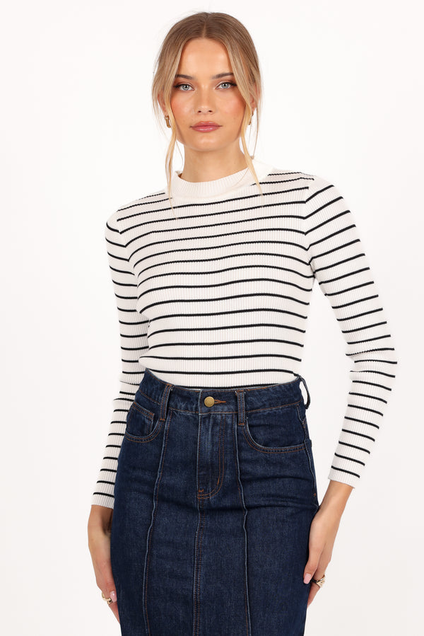 Stacie Ribbed Knit Top - Cream Black Stripe