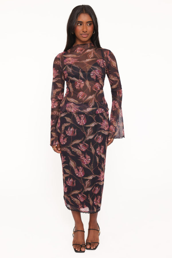 Steele Mesh Skirt Set - Dark Plum Floral