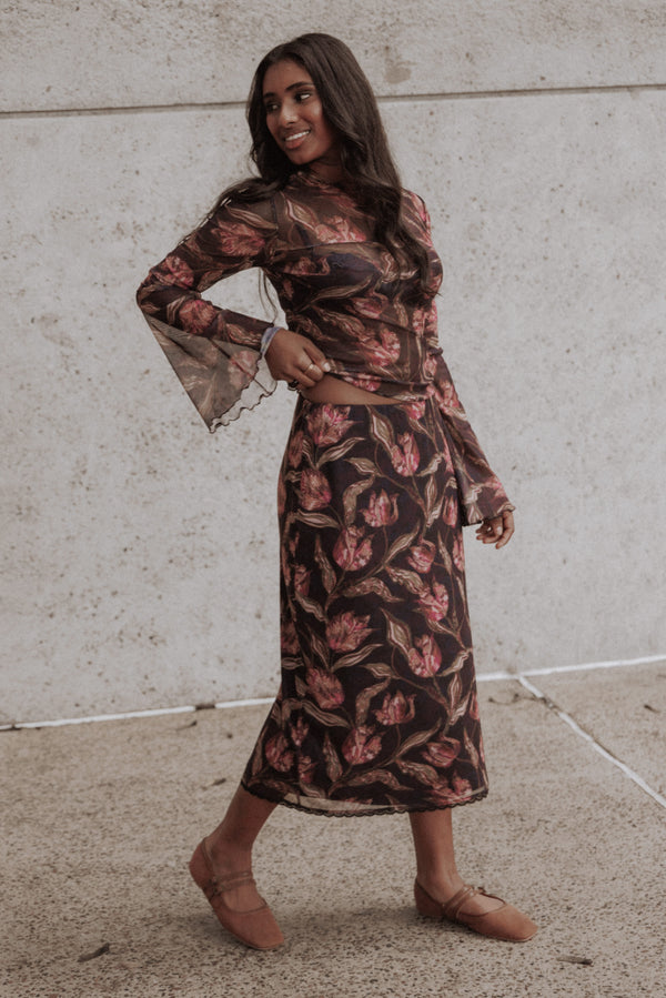 Steele Mesh Skirt Set - Dark Plum Floral