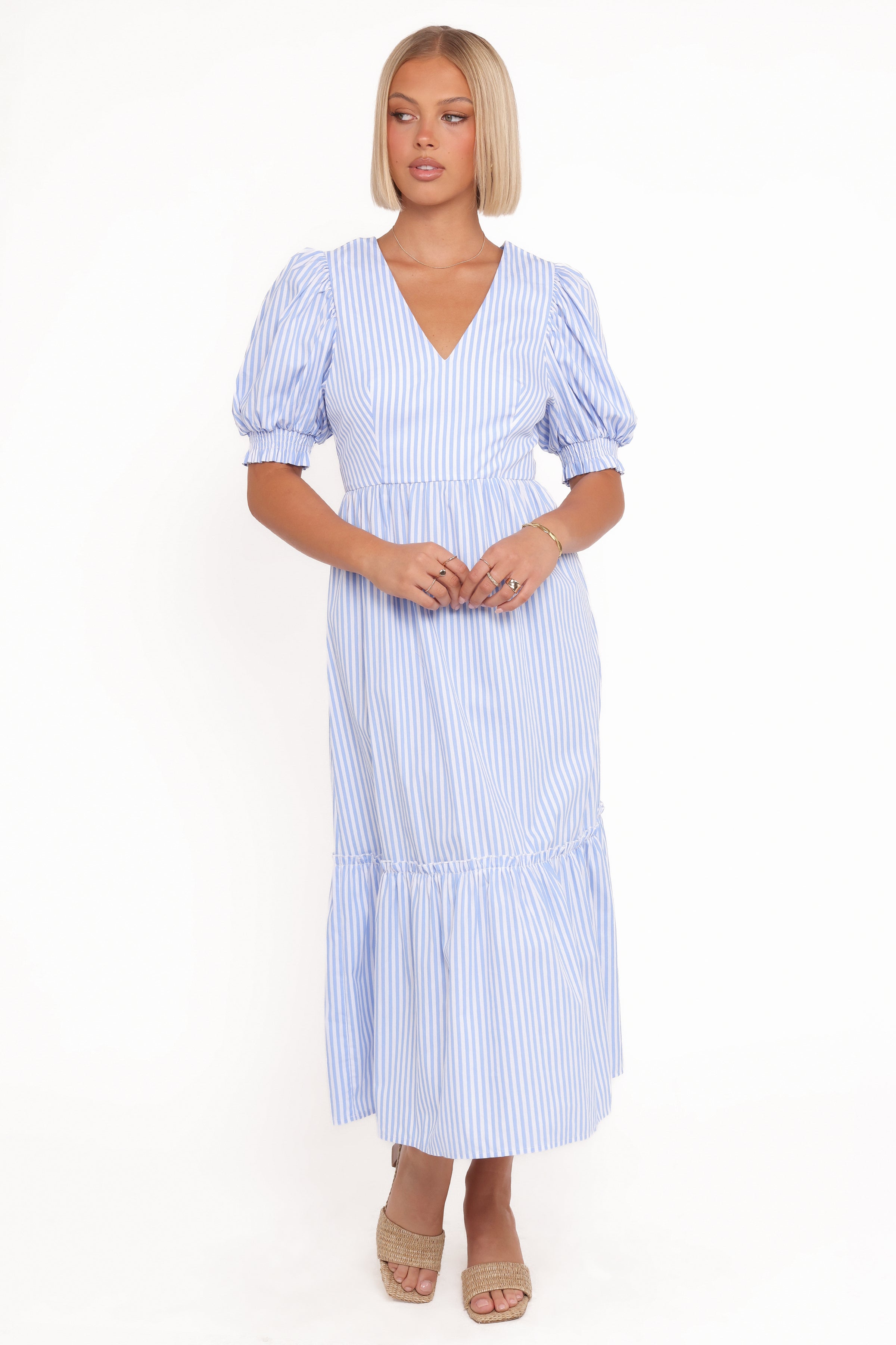 Steele Puff Sleeve Midi Dress - Blue Stripe
