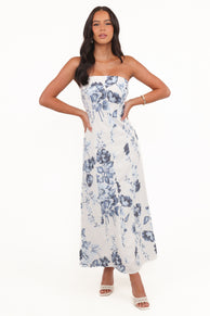 Tamira Strapless Midi Dress - Blue Floral
