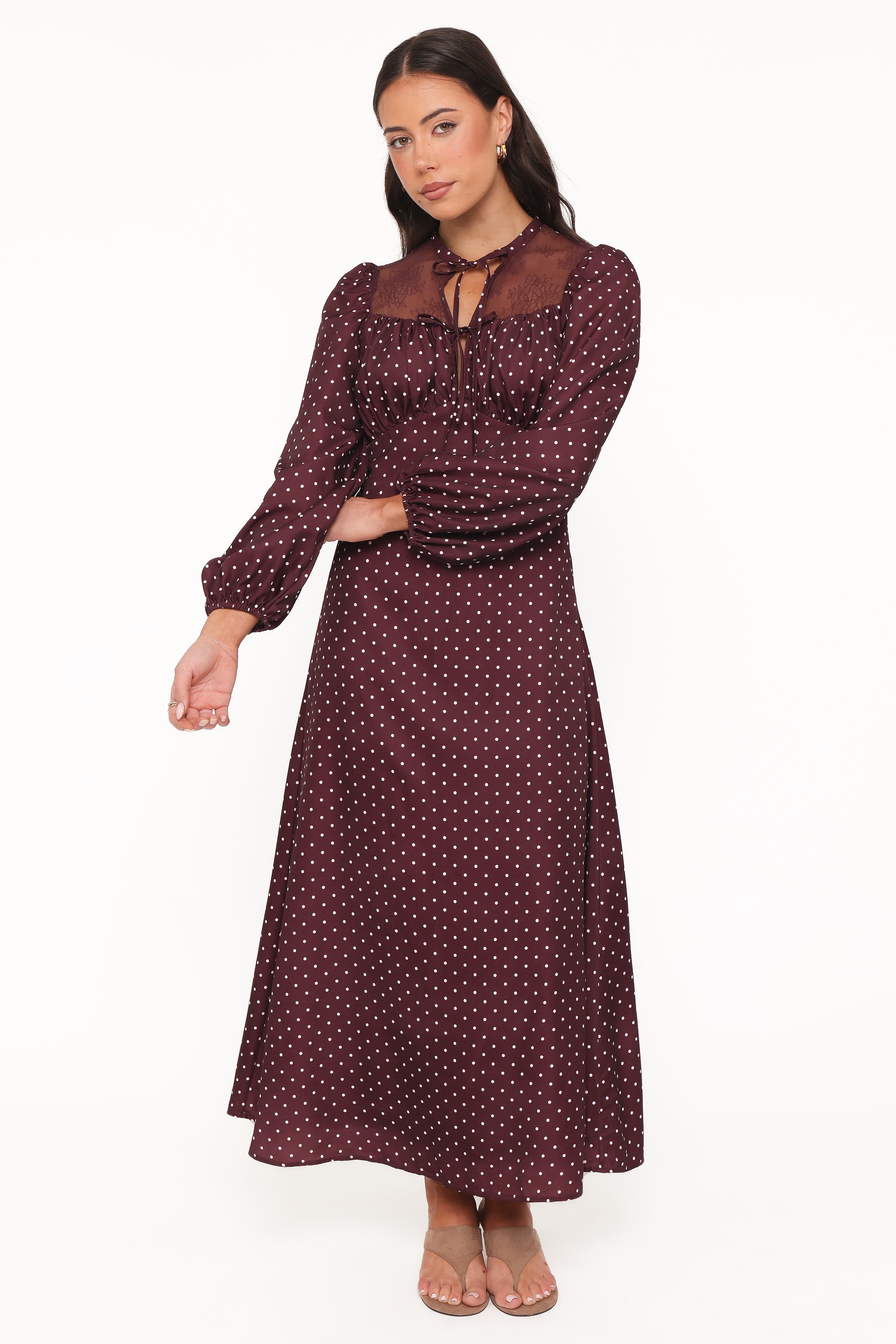 Tillie Long Sleeve Maxi Dress - Burgundy Polka Dot