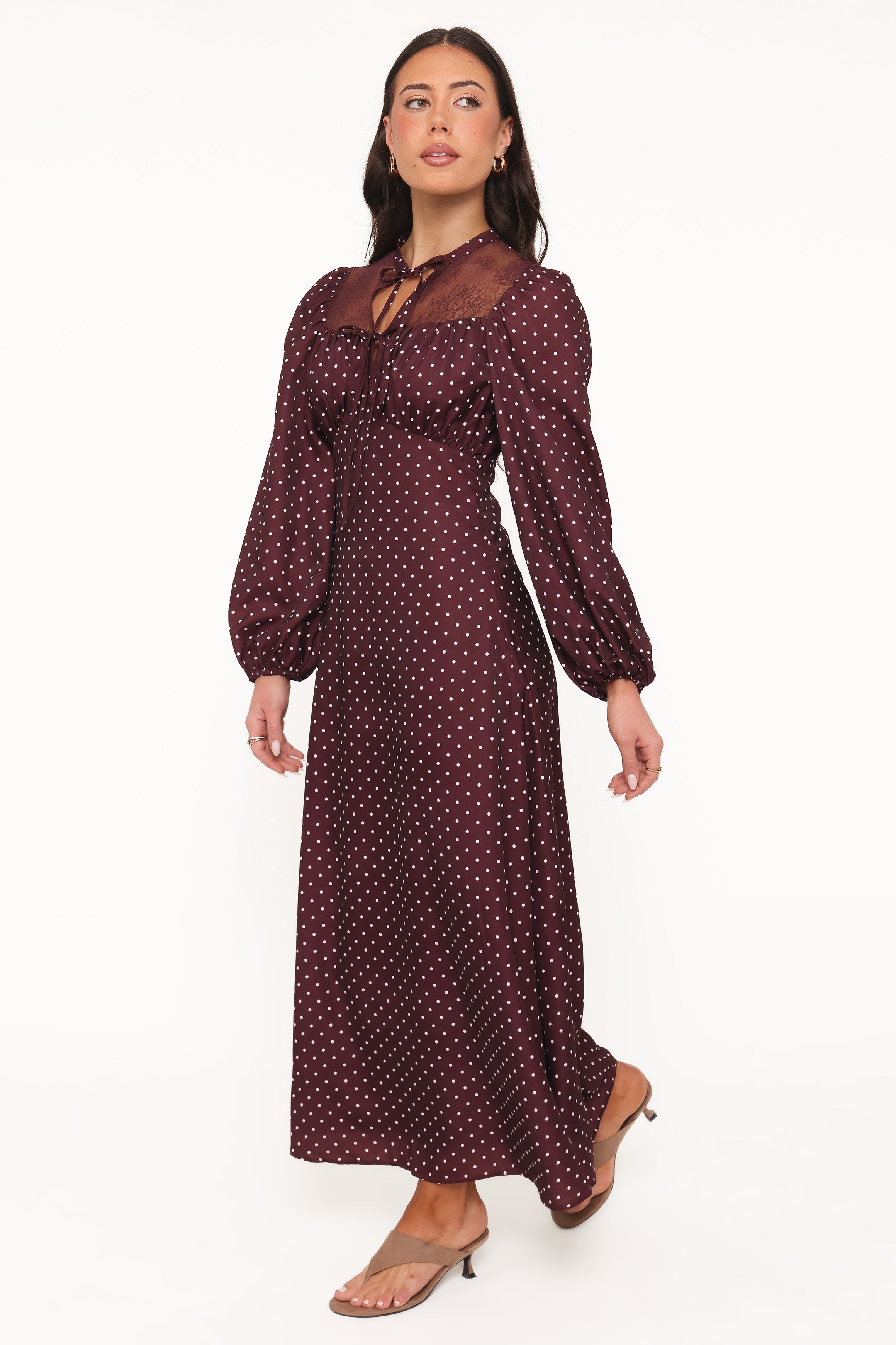 Tillie Long Sleeve Maxi Dress - Burgundy Polka Dot