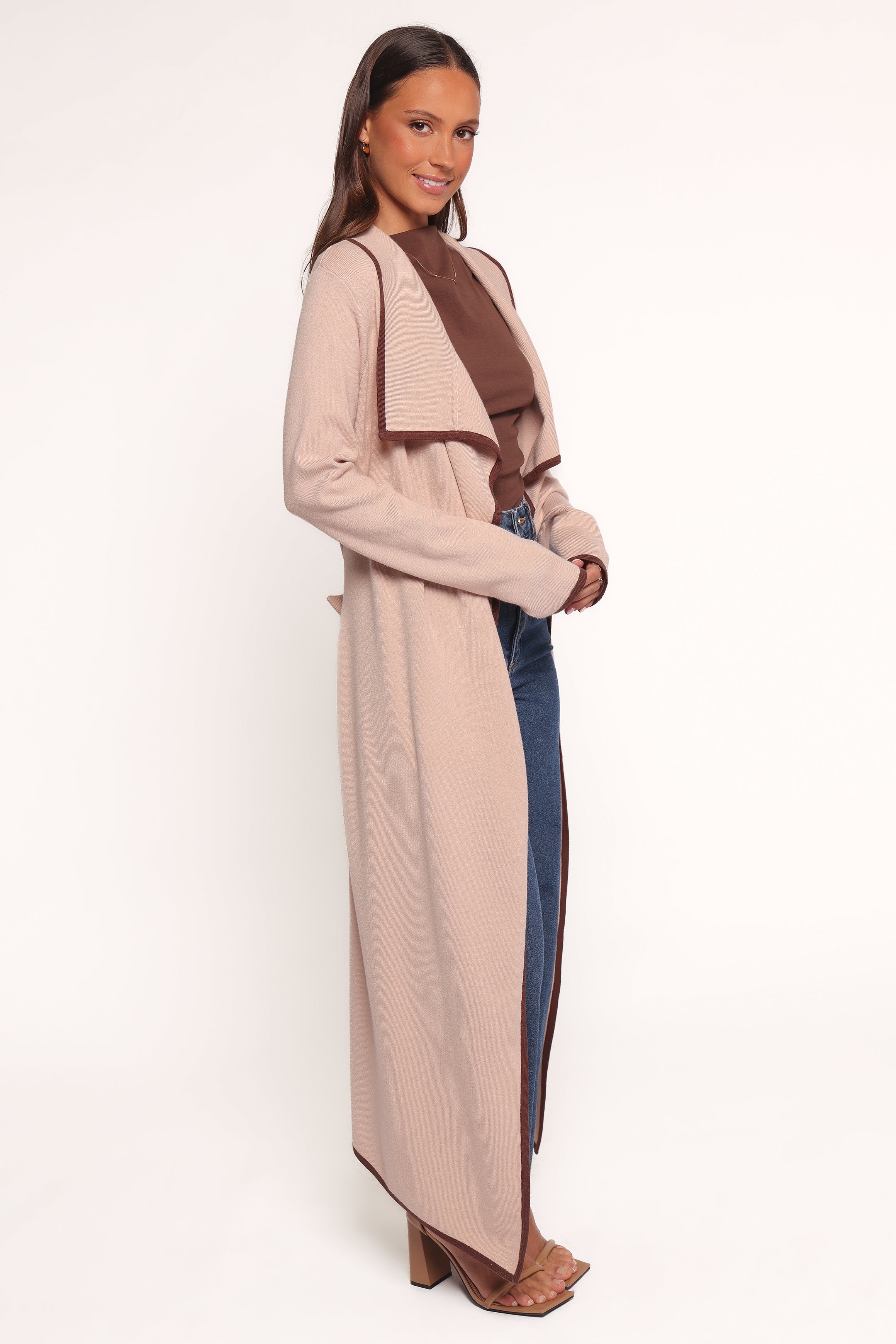 Vallis Contrast Trim Long Cardigan - Beige